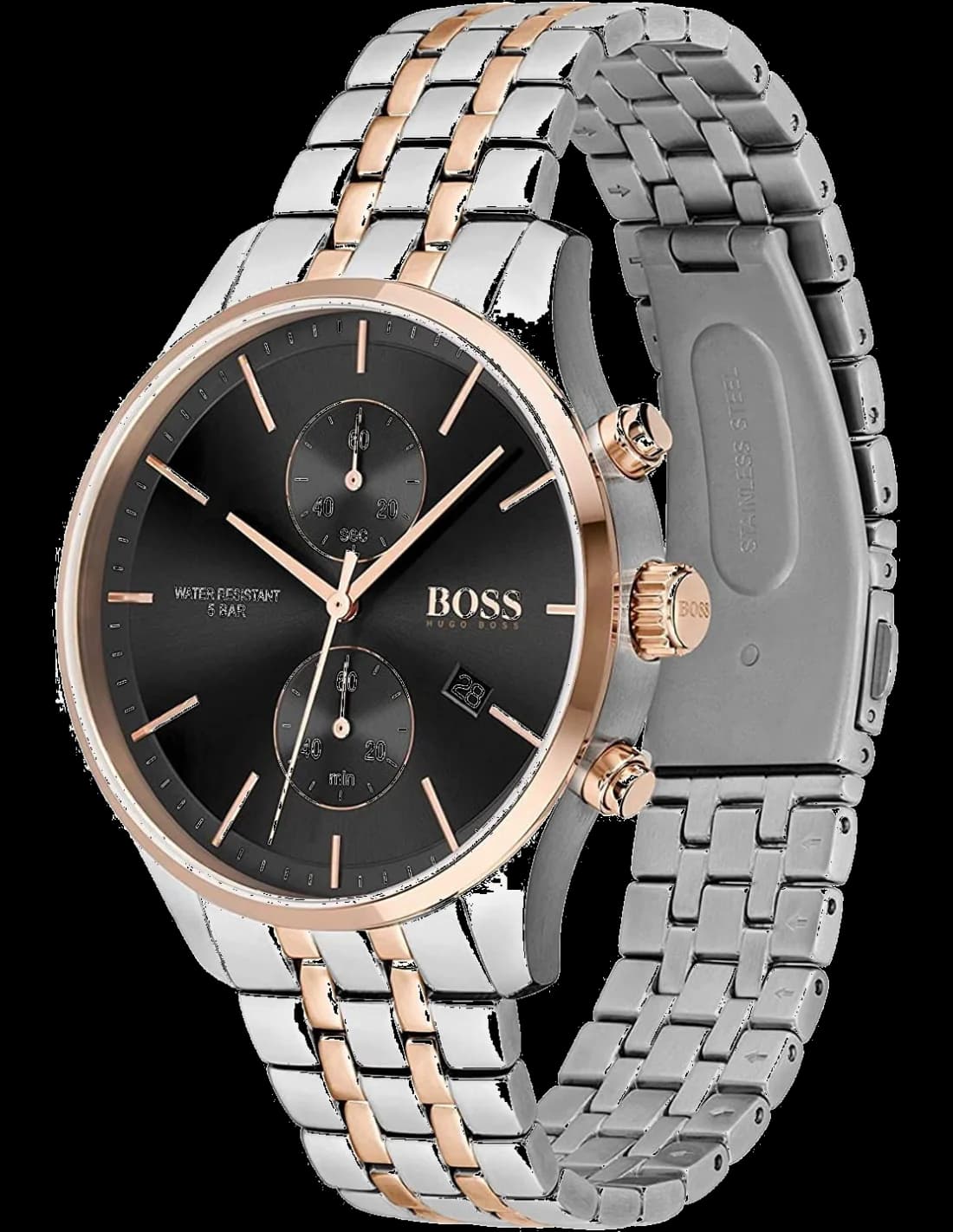 Cadran Hugo Boss 1513840 au cadran noir avec index appliqués et aiguilles bicolores, compteurs chrono