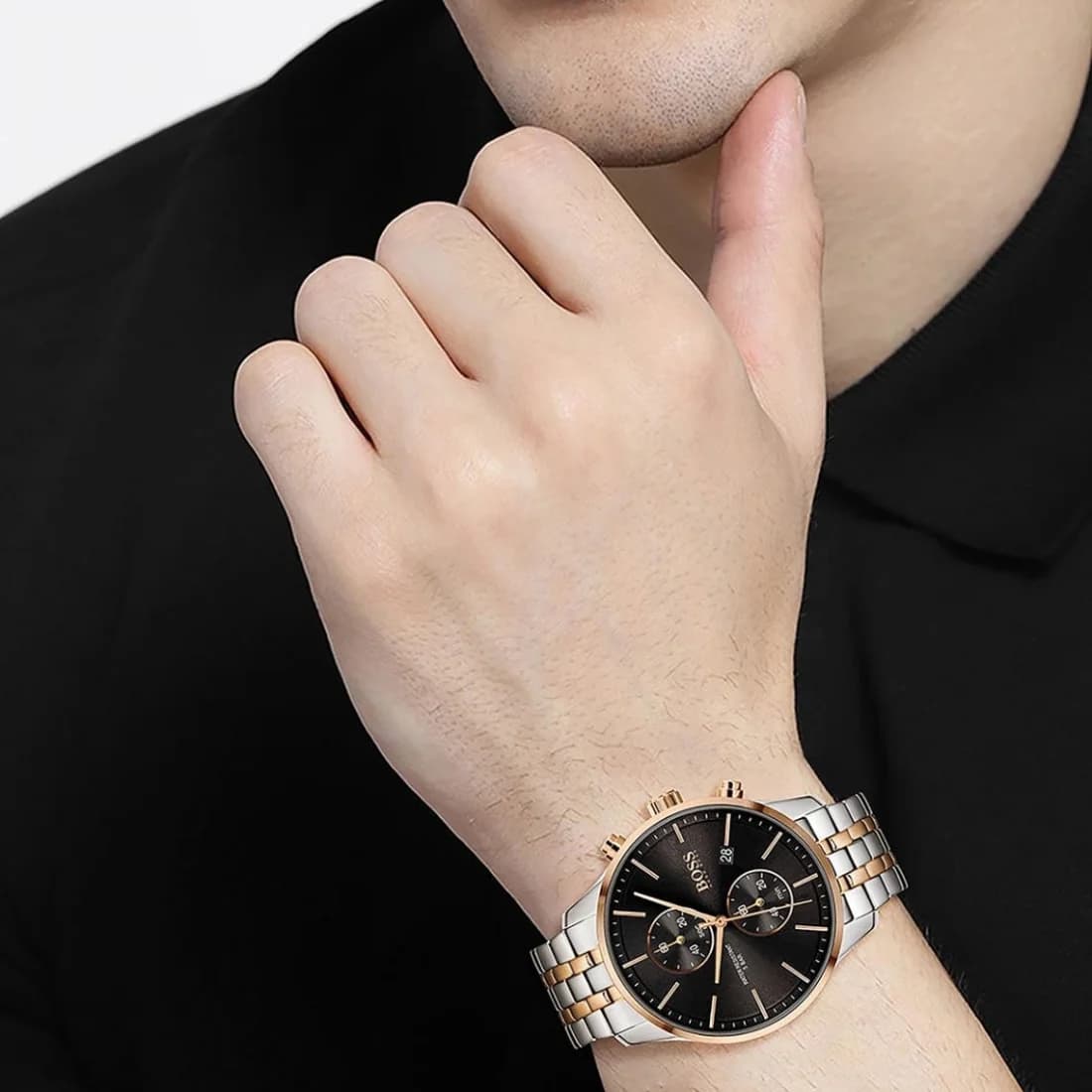 Bracelet Hugo Boss 1513840 en acier bicolore avec maillons alternant or et acier, boucle déployante