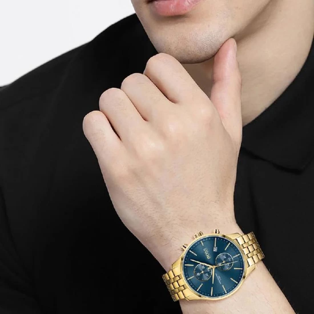 Boîtier Hugo Boss 1513841 en acier doré 42mm, lunette lisse, verre saphir, couronne et poussoirs chronographe