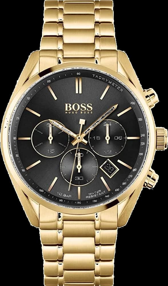 Montre Hugo Boss 1513848 avec cadran noir, style sport chic et bracelet acier doré jaune