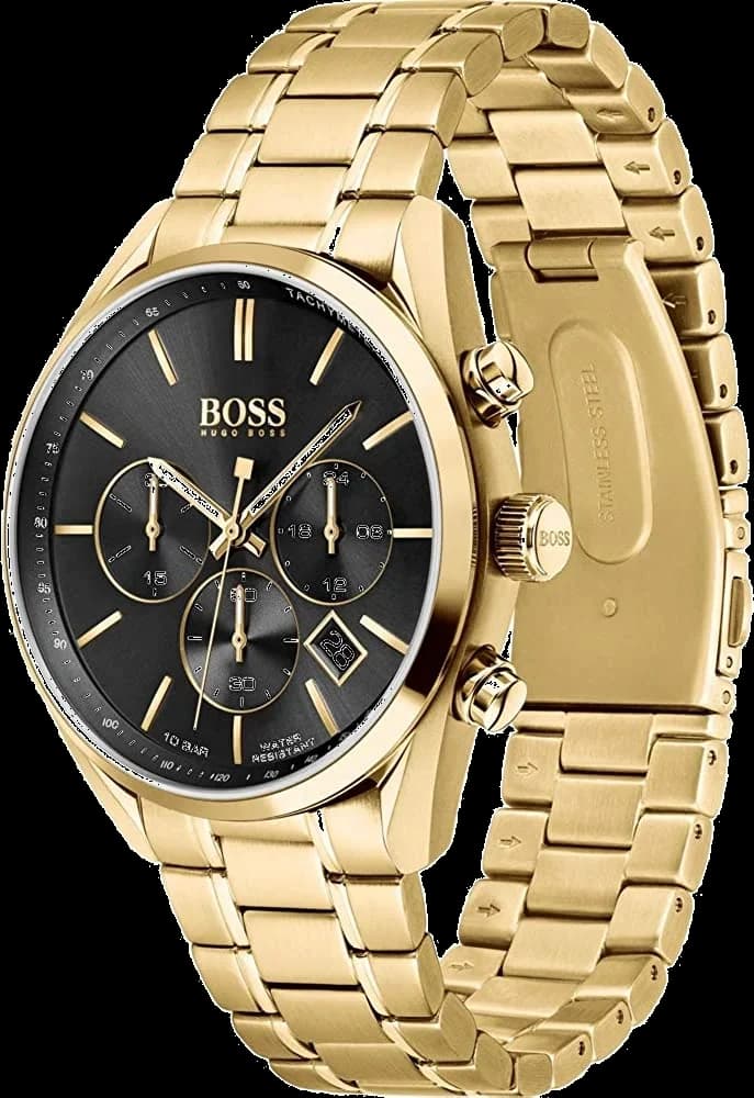 Cadran Hugo Boss 1513848 aux index bâtons dorés et aiguilles luminescentes, date à 3h