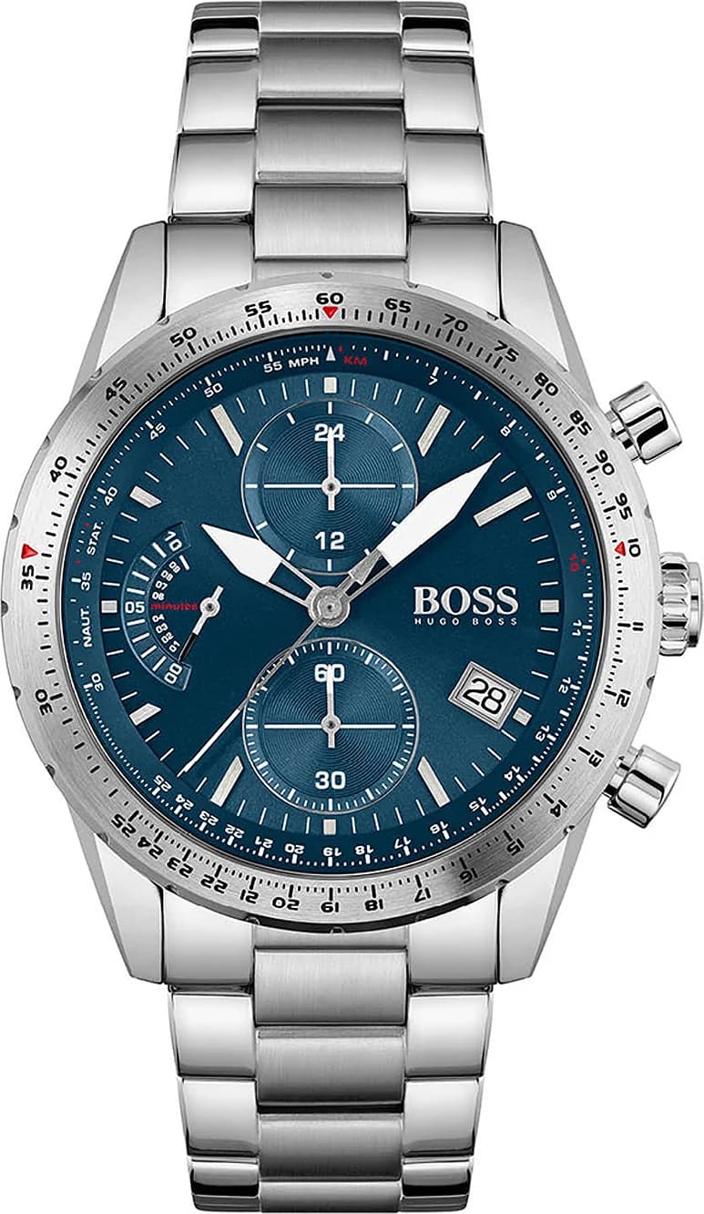 Montre Hugo Boss 1513850 avec cadran bleu soleil, trois compteurs et affichage date à 4h30