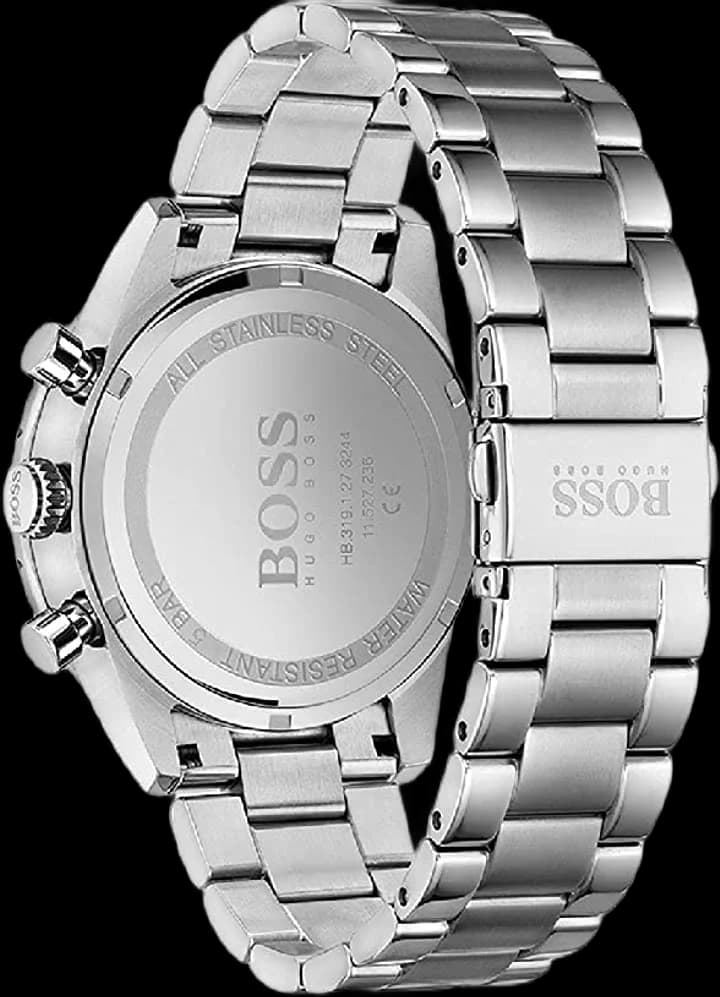 Boîtier Hugo Boss 1513850 en acier inoxydable 44mm, lunette fixe gravée tachymètre, couronne crantée