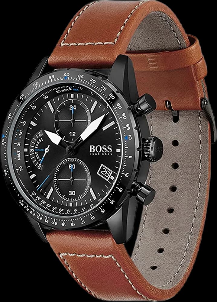 Cadran Hugo Boss 1513851 noir avec compteurs chronographe, date à 4h30 et aiguilles squelettes blanc argenté
