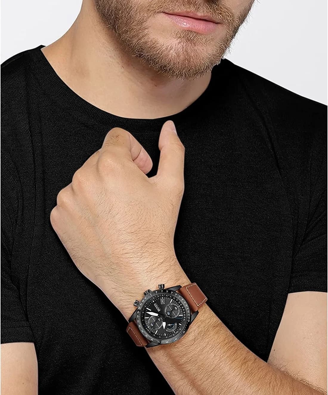 Boîtier Hugo Boss 1513851 rond en acier inoxydable brossé, lunette fixe gravée tachymètre, couronne crantée protégée