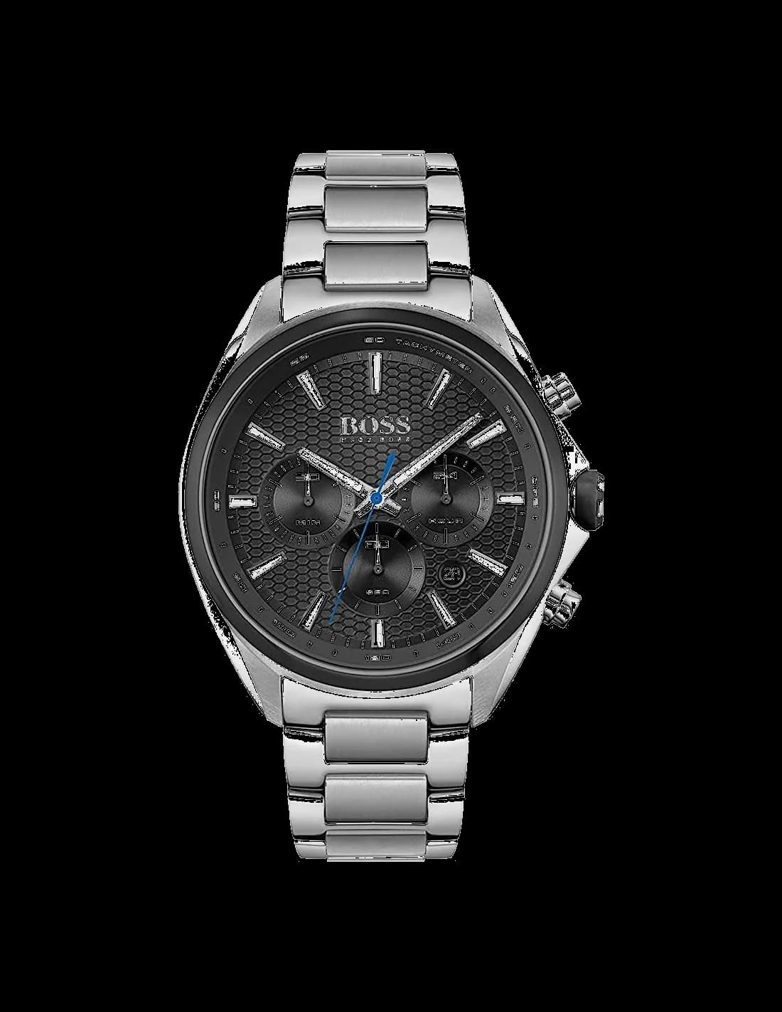Montre Hugo Boss 1513857 avec cadran noir soleillé, aiguilles argentées et index bâtons, chronographe sportif élégant