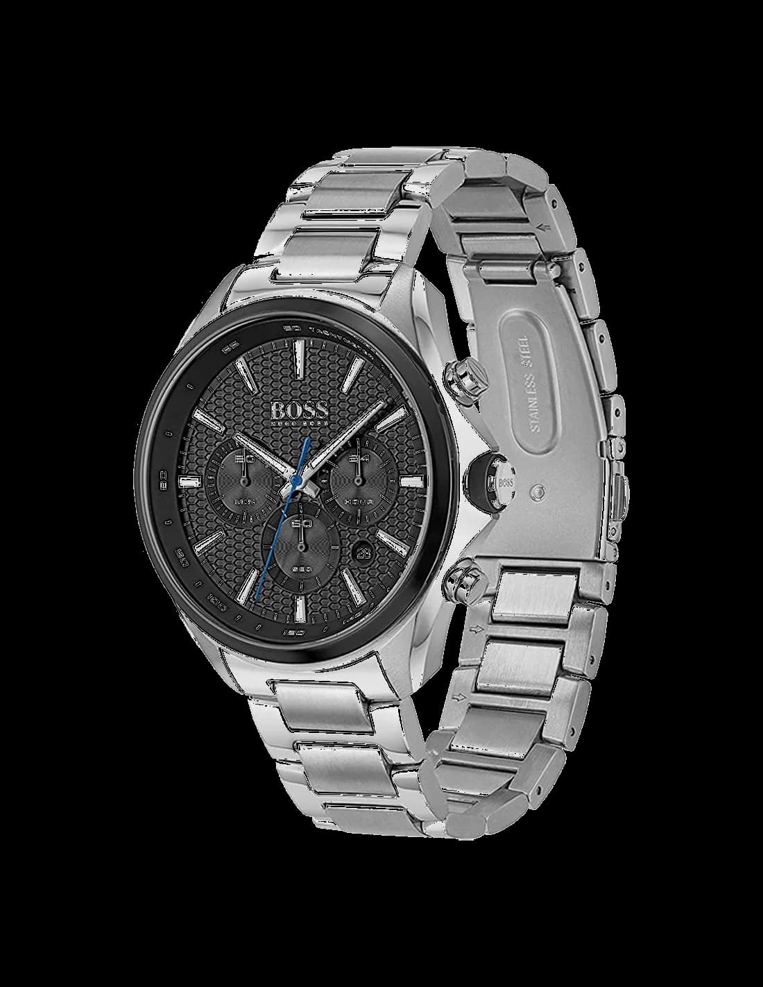 Cadran Hugo Boss 1513857 noir soleillé, compteurs chrono noirs, aiguilles luminescentes, date à 4h30, index appliques argentés