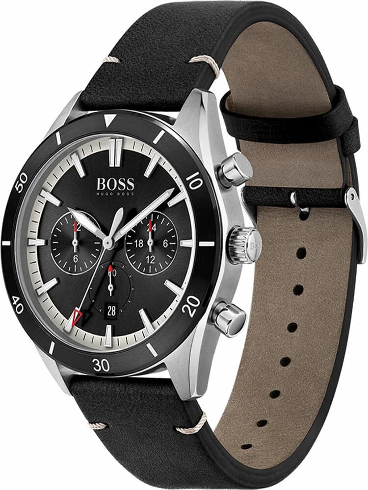 Cadran Hugo Boss 1513864 avec index appliqués, guichet date à 4h30 et compteurs chrono