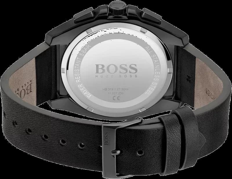 Bracelet Hugo Boss 1513883 en cuir noir avec coutures contrastées, boucle ardillon acier signée