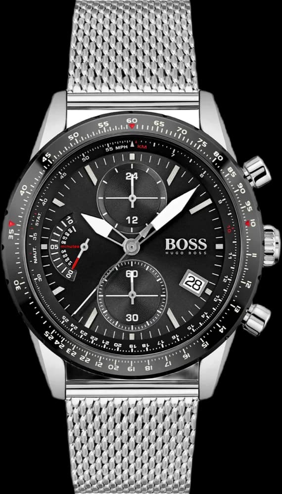 Montre Hugo Boss 1513886 avec cadran noir et chronographe, style pilote élégant et sportif