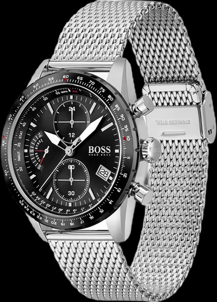 Cadran Hugo Boss 1513886 avec index blancs, aiguilles luminescentes et compteurs chrono sur fond noir