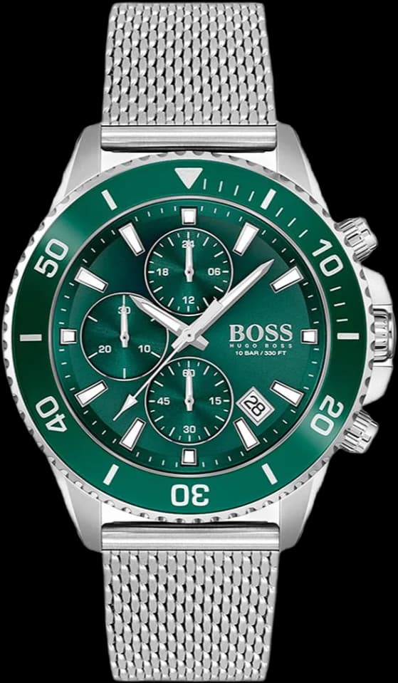 Montre Hugo Boss 1513905 cadran vert soleil, aiguilles et index argentés, style sport chic