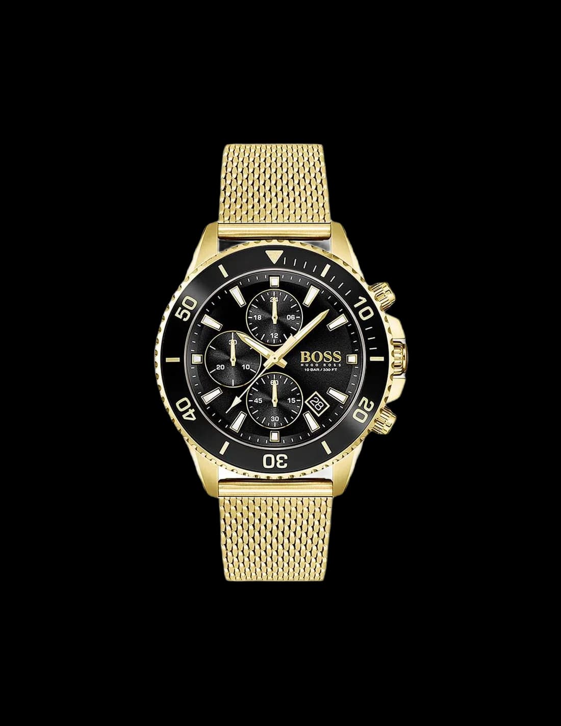 Montre Hugo Boss 1513906 au cadran noir soleillé avec index dorés et aiguilles bâton, chronographe trois compteurs sur fond noir