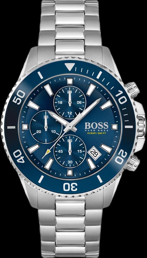 Montre Hugo Boss 1513907 avec cadran bleu soleil, index bâtons et aiguilles argentées, style sport-chic