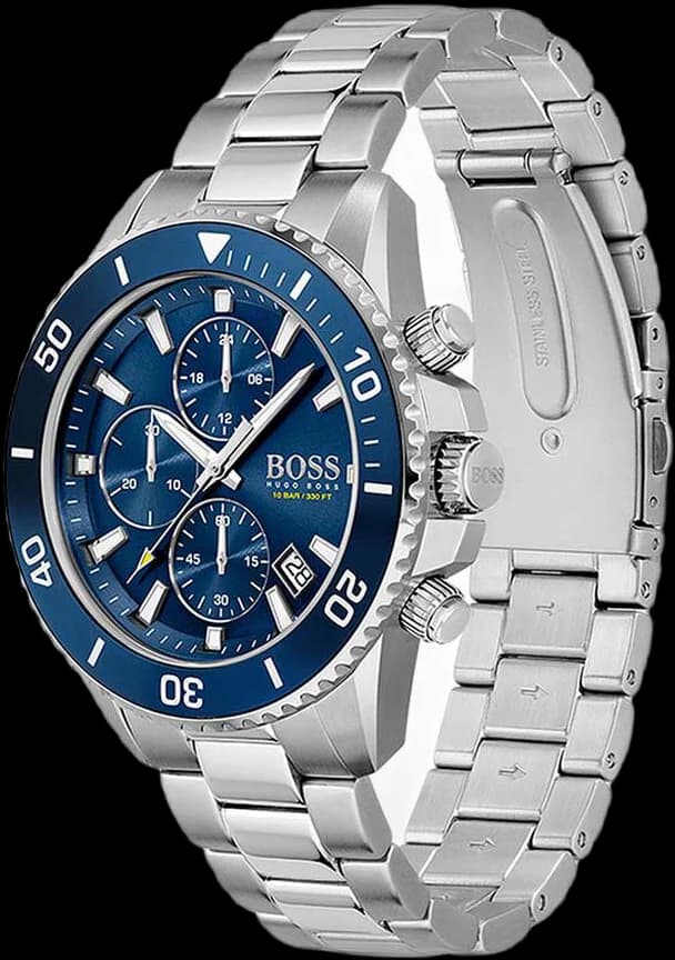 Cadran Hugo Boss 1513907 affichant compteurs chronographe, date à 4h30 et index appliques luminescents