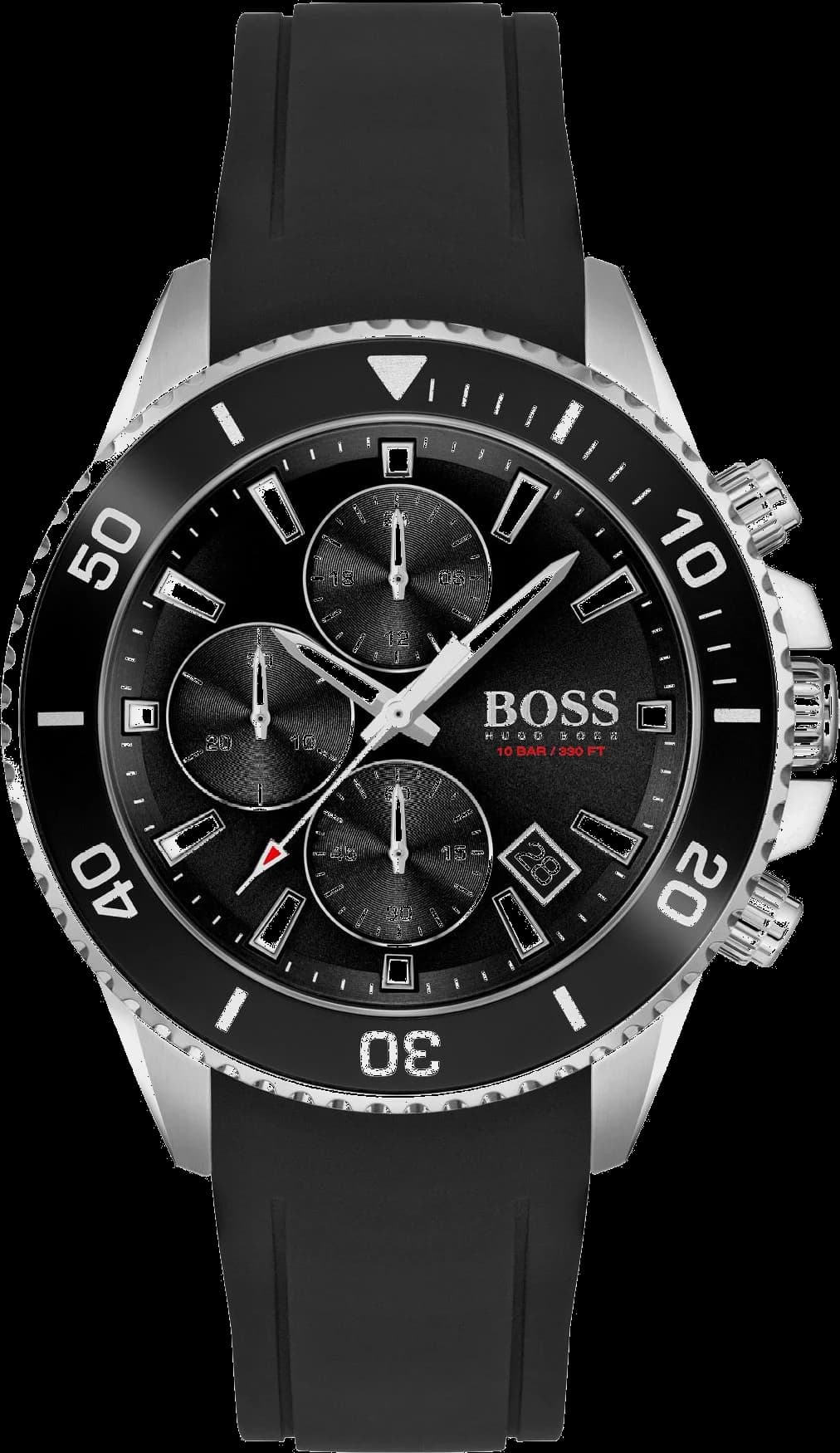 Montre Hugo Boss 1513912 avec cadran noir soleillé, compteurs blancs et index argentés, style sport chic