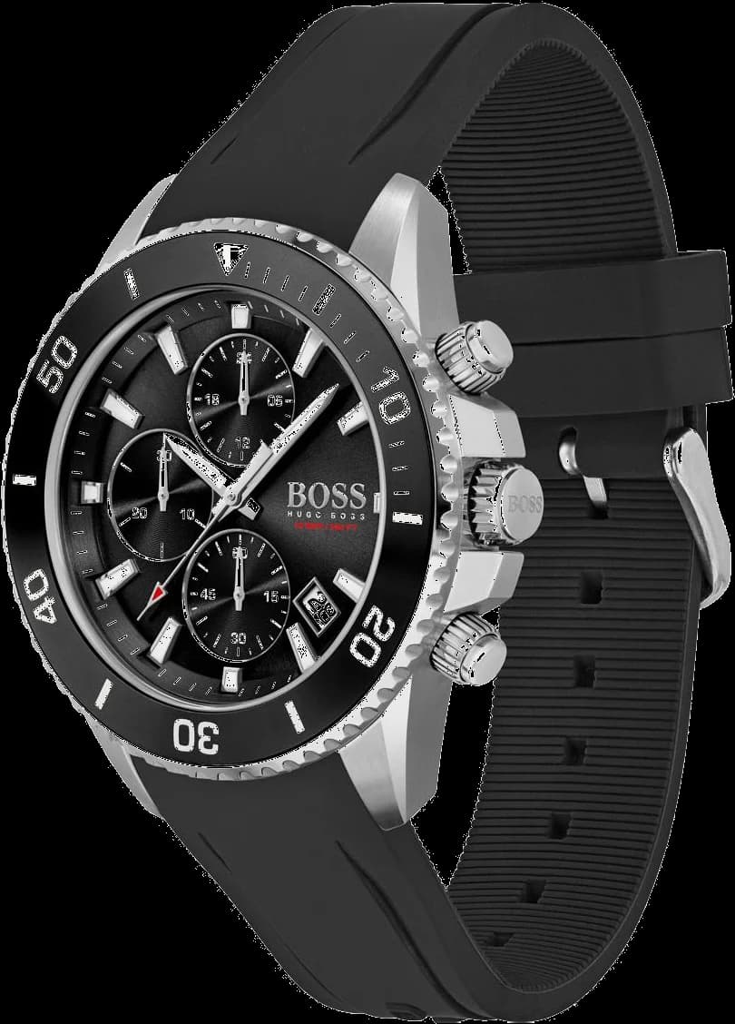 Cadran Hugo Boss 1513912 aux index bâtons argentés, aiguilles luminescentes, guichet date à 3h et trois compteurs chronographe