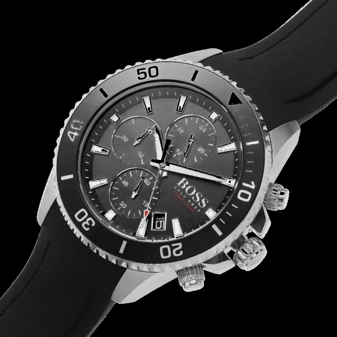 Bracelet Hugo Boss 1513912 en silicone noir texturé, boucle ardillon en acier brossé, confortable et résistant