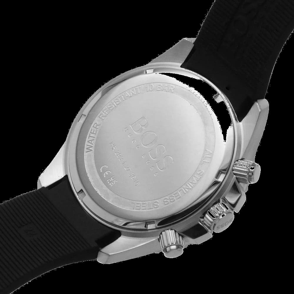Boîtier Hugo Boss 1513912 en acier inoxydable brossé, lunette fixe noire gravée, verre saphir, profil fin et moderne