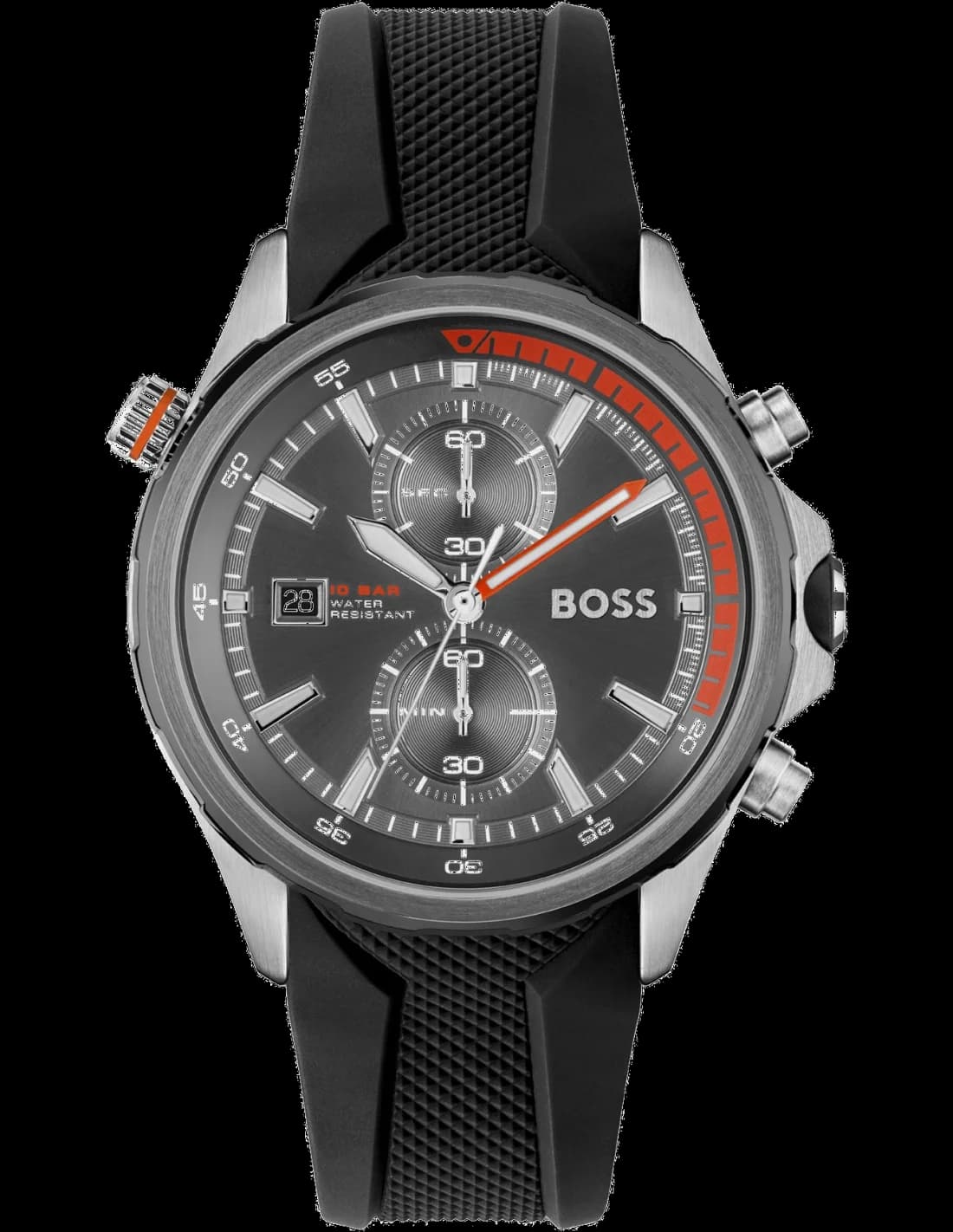 Montre Hugo Boss 1513931 chronographe noir avec cadran noir soleillé, aiguilles blanches et index luminescents, style sport chic