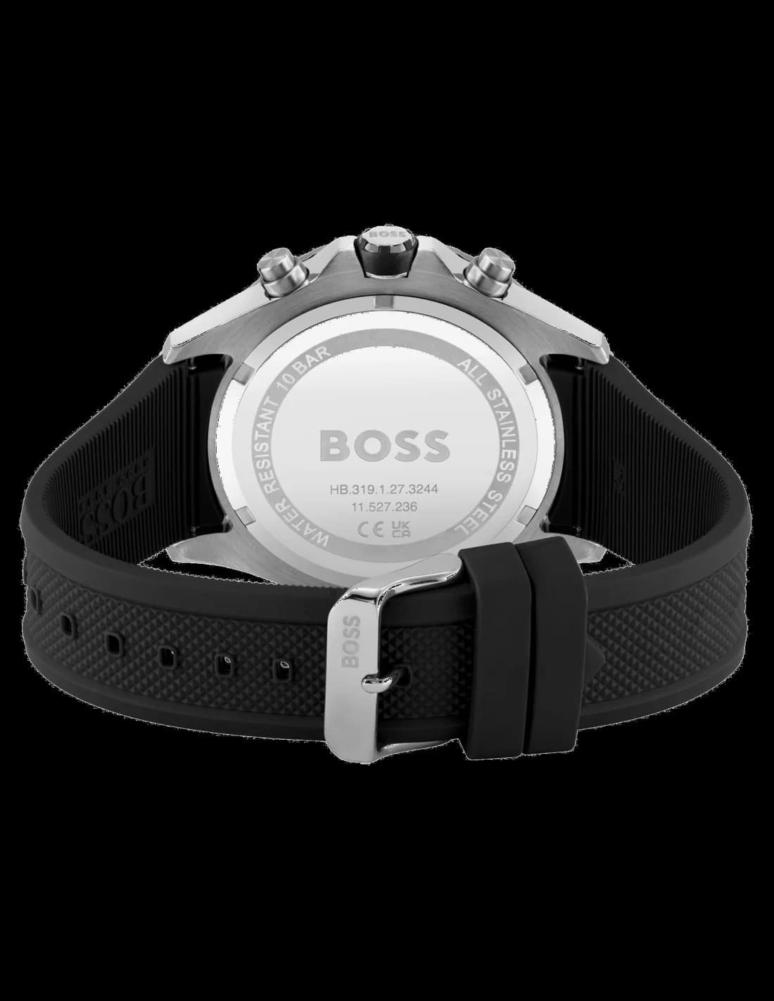 Cadran Hugo Boss 1513931 affiche trois compteurs, guichet date à 4h30, aiguilles rouges chrono, contraste blanc sur fond noir