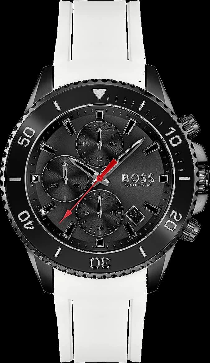 Montre Hugo Boss 1513966 au cadran blanc avec index bâtons, aiguilles argentées et compteur date, style sport élégant