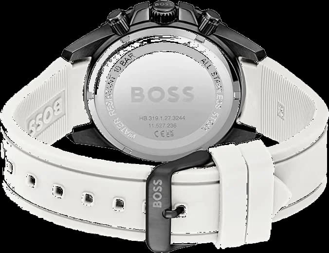 Cadran Hugo Boss 1513966 blanc avec index bâtons et aiguilles argentées, guichet date à 4h30 lumineux