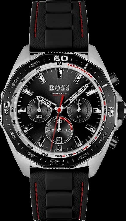 Montre Hugo Boss 1513969 avec cadran noir et aiguilles argentées sur fond minimaliste