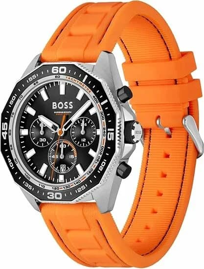 Cadran Hugo Boss 1513970 avec compteurs chronographe, guichet date à 4h30 et aiguilles orange vif