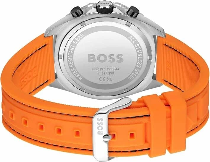 Bracelet Hugo Boss 1513970 en silicone orange texturé avec boucle déployante en acier brossé
