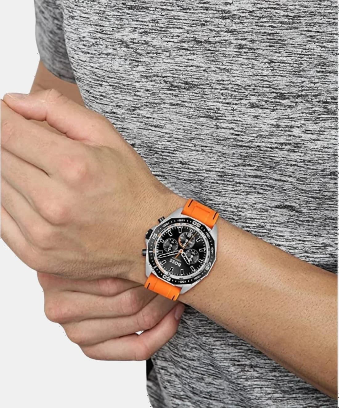 Boîtier Hugo Boss 1513970 en acier inoxydable brossé de 44mm, lunette fixe et couronne crantée
