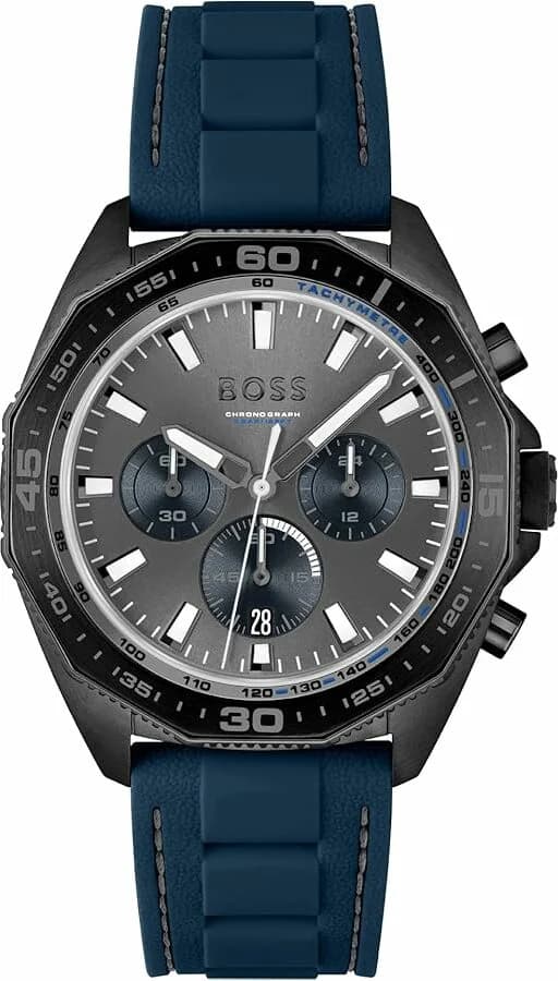 Montre Hugo Boss 1513972 avec cadran bleu soleil, aiguilles argentées et index bâtons, style sport chic