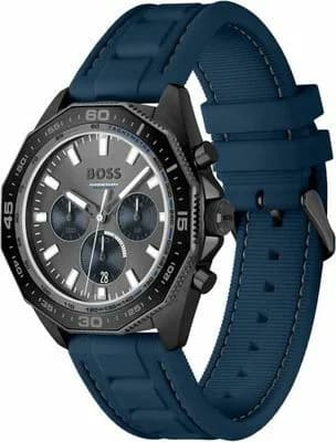 Cadran Hugo Boss 1513972 affiche un cadran bleu texturé, index appliqués, date à 3h, aiguilles luminescentes