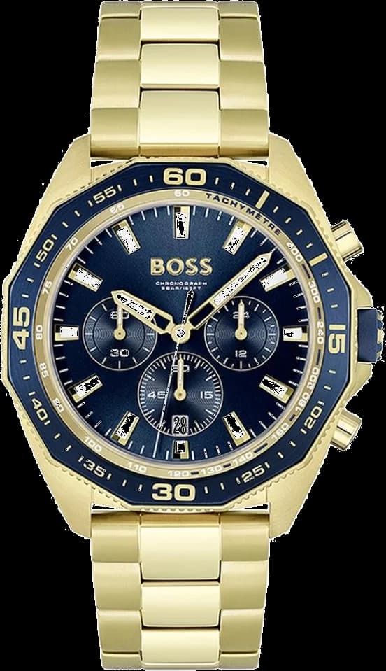 Montre Hugo Boss 1513973 au cadran noir soleil, aiguilles dorées et index bâtons, style élégant et sportif