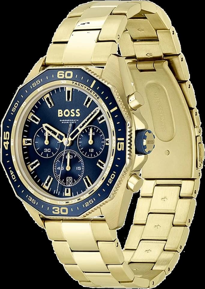 Cadran Hugo Boss 1513973 avec index bâtons appliqués, aiguilles dauphine dorées, date à 3h, fond noir soleillé