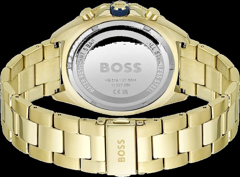 Bracelet Hugo Boss 1513973 en acier inoxydable doré jaune, maillons polis et satinés, fermoir déployant double sécurité