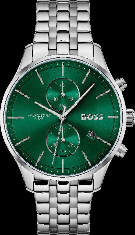 Montre Hugo Boss 1513975 au cadran vert soleil, style élégant et sportif, aiguilles et index argentés