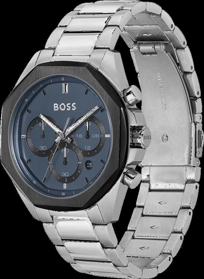 Cadran Hugo Boss 1514015 au cadran bleu soleillé, index bâtons polis, aiguilles luminescentes, date à 3h, design épuré