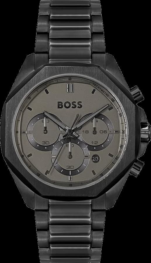 Montre Hugo Boss 1514016 au cadran noir soleil avec index argentés et aiguilles luminescentes, style élégant et sportif