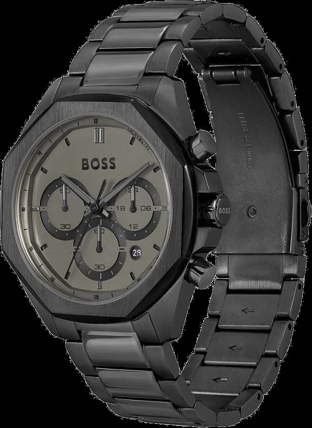 Cadran Hugo Boss 1514016 avec index bâtons et aiguilles dauphine, guichet date à 3h, fond noir mat et finition soleillée