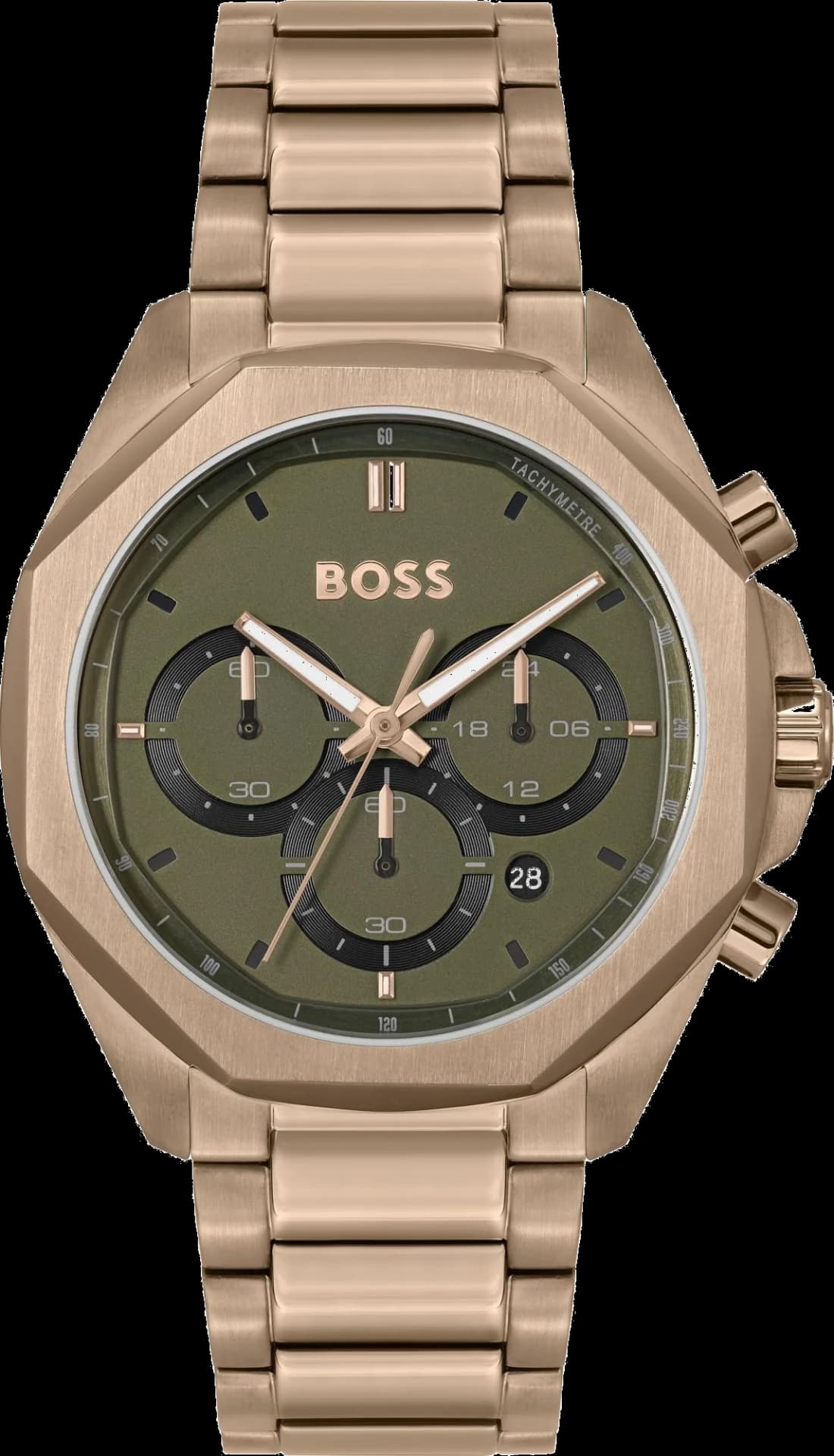 Montre Hugo Boss 1514019 vert olive avec boîtier acier et index dorés, style élégant et moderne
