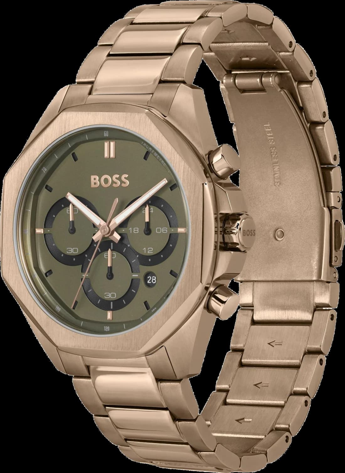 Cadran Hugo Boss 1514019 vert olive avec index appliques dorés et aiguilles bâton, date à 3h