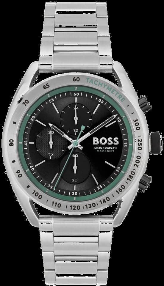 Montre Hugo Boss 1514023 au cadran noir épuré, aiguilles argentées et index bâtons sur fond noir mat