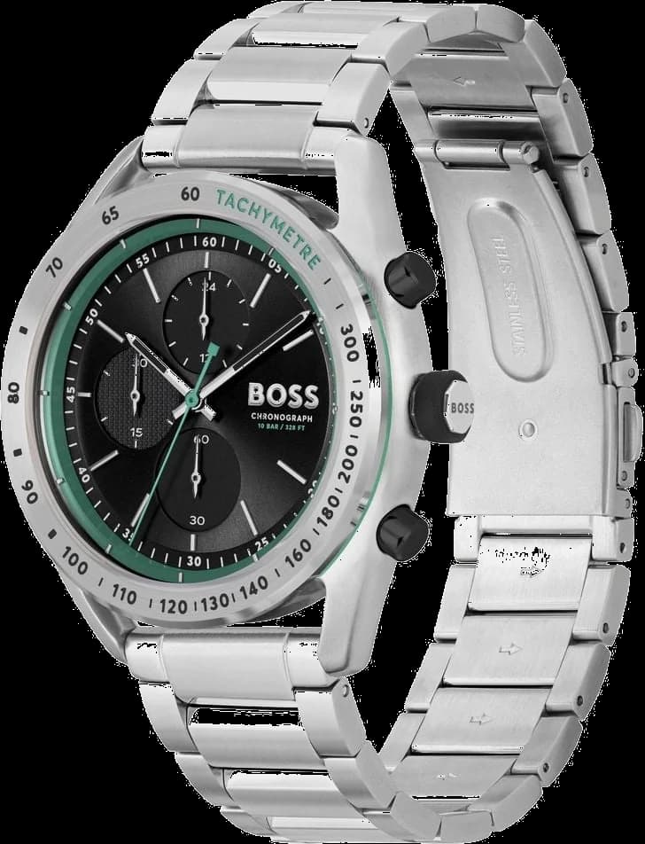 Cadran Hugo Boss 1514023 avec index bâtons argentés, aiguilles dauphine et guichet date à 3h sur fond noir