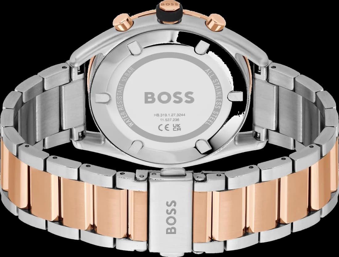 Bracelet Hugo Boss 1514026 en acier bicolore et or rose, maillons alternés, boucle déployante