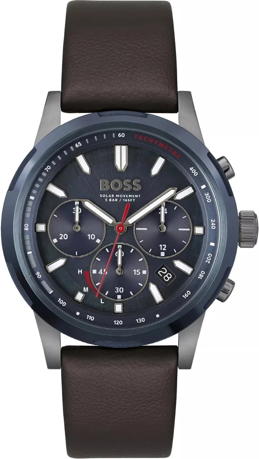 Montre Hugo Boss 1514030 au cadran bleu nuit soleillé et bracelet cuir marron, style classique et élégant