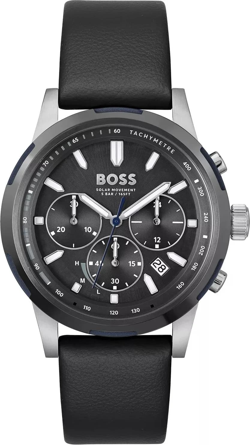 Montre Hugo Boss 1514031 avec cadran noir soleil, aiguilles argentées et index bâtons, style élégant et sportif