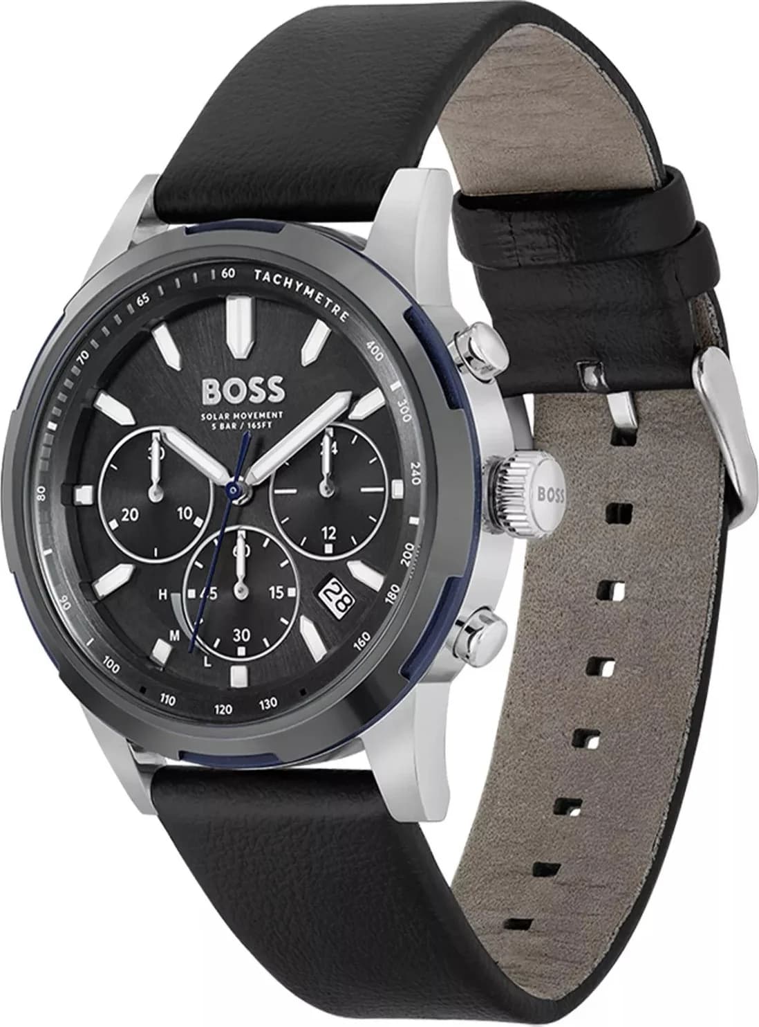 Cadran Hugo Boss 1514031 avec cadran noir soleillé, index appliques argentés, aiguilles bâtons et date à 3h, lisibilité parfaite