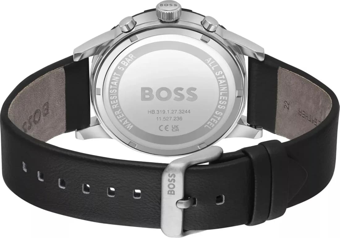 Bracelet Hugo Boss 1514031 en cuir noir cousu, boucle ardillon en acier poli, confortable et raffiné
