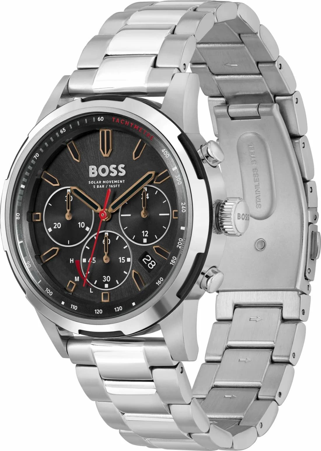 Cadran Hugo Boss 1514032 avec index bâtons argentés, aiguilles luminescentes, guichet date à 3h